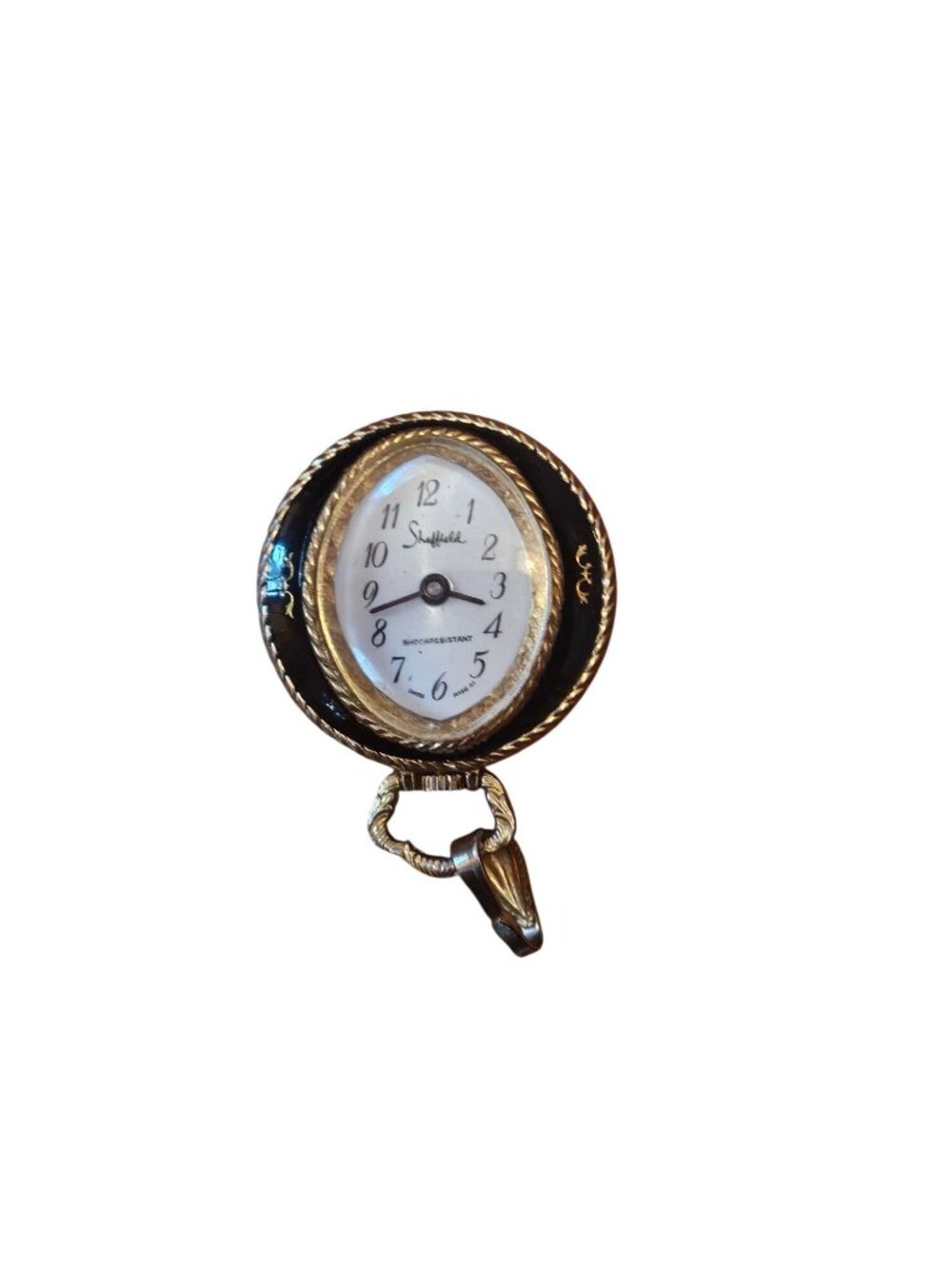 Vintage Sheffield Miniature Clock Pendant With Black & Gold Accents Floral Engra